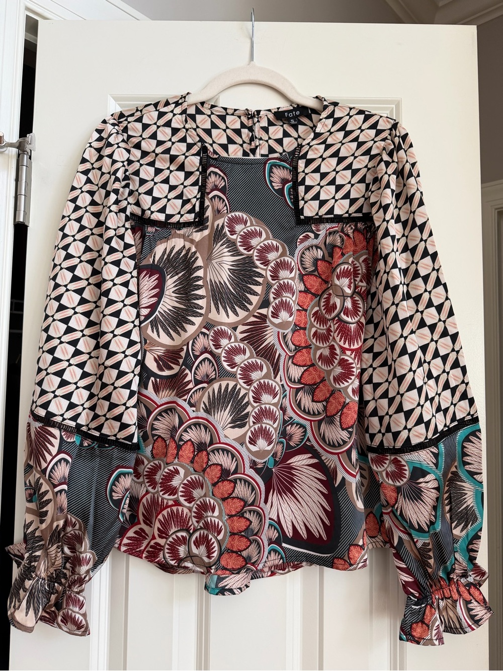 FATE Boho Mixed Print Geometric Patchwork Blouse Balloon Sleeve Silky Fall Top S